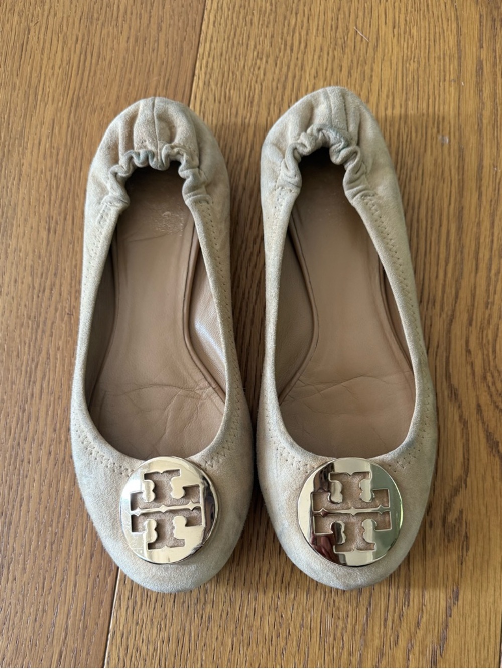 Tory Burch Light Beige Suede Logo Ballet Flats
